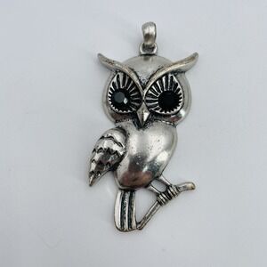 Silver Tone Owl Pendant Perched on Branch Black Rhinestone Eyes 2.5" Unmarked